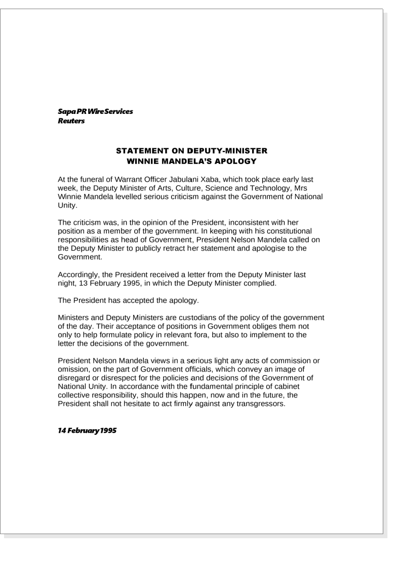 Wmm 19950214 Statement On Deputy Minister Winnie Mandela’S Apology Issued By The President’S Office Shadow